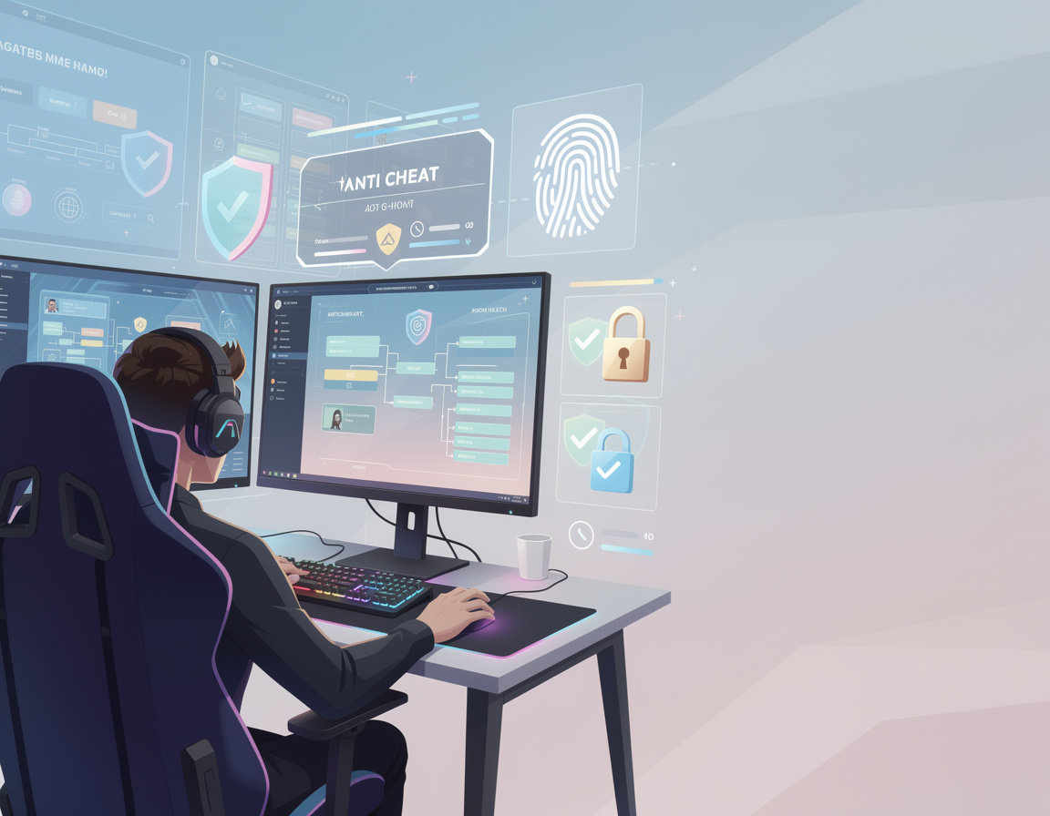 Ilustrasi panduan anti-cheat peserta untuk turnamen game online agen8 dengan bracket dan room match